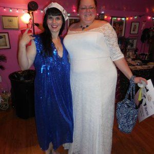 Cream off shoulder dress with train